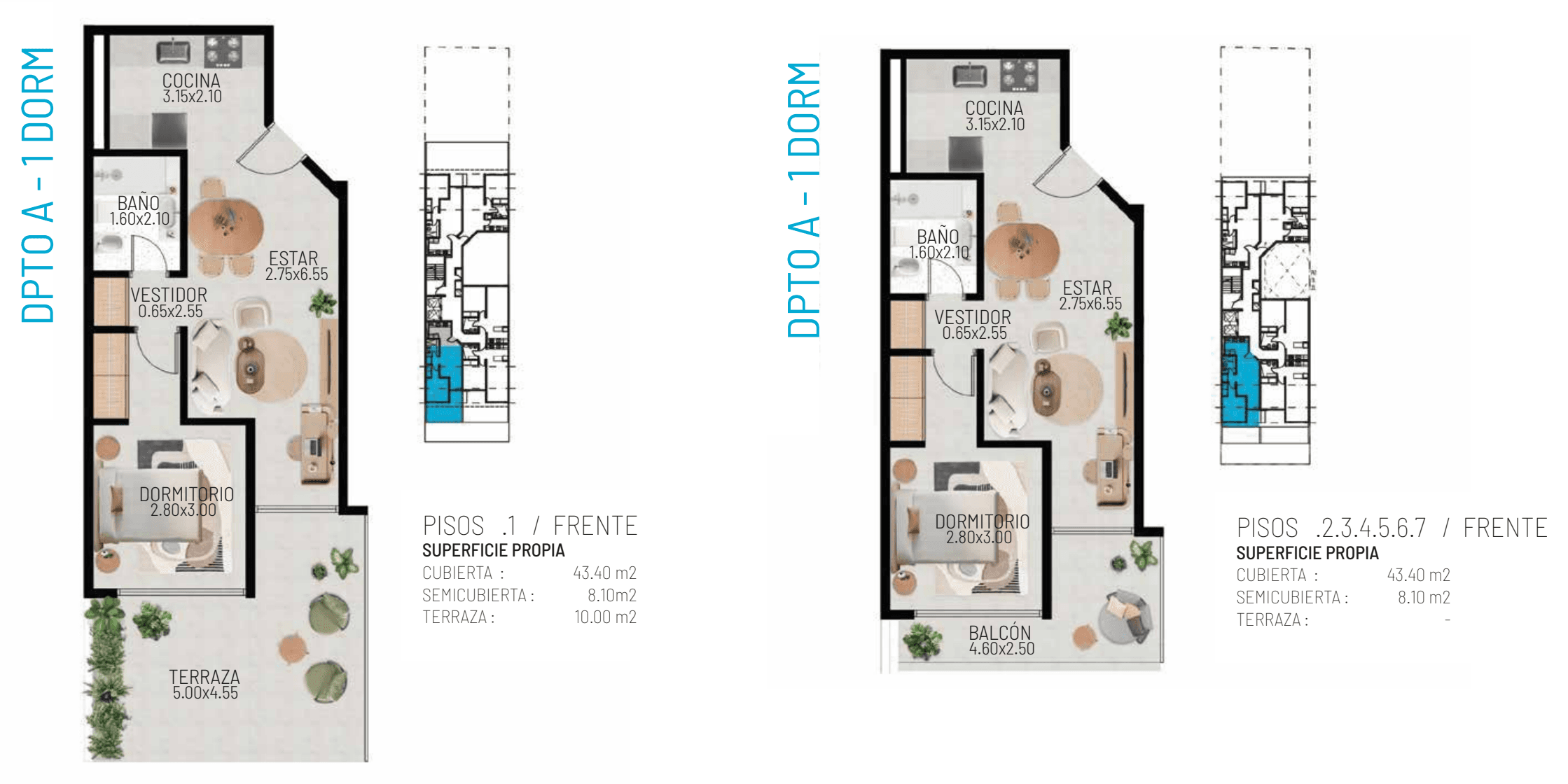 Plano — Dpto A · 1 dorm · Frente (pisos 1 a 7)
