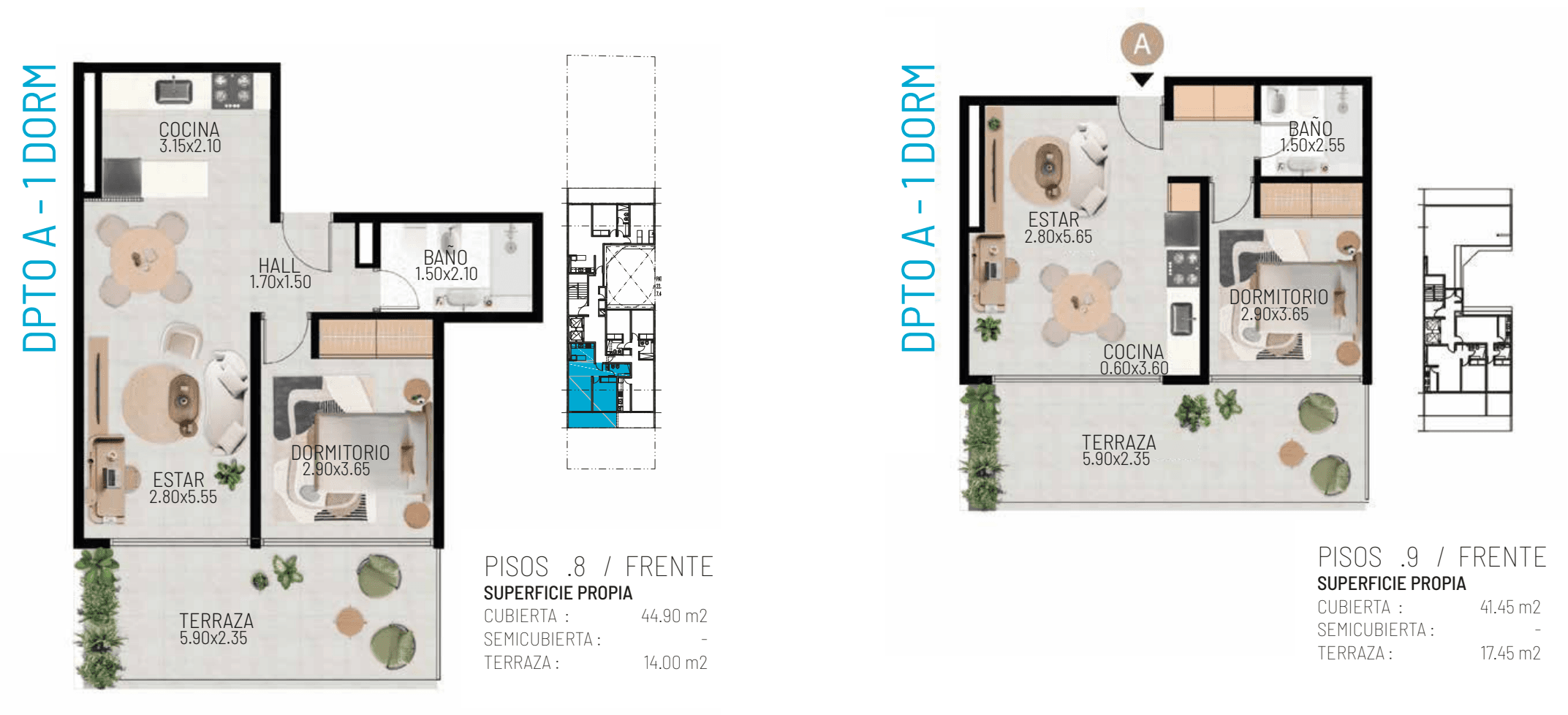 Plano — Dpto A · 1 dorm · Frente (pisos 8 y 9)