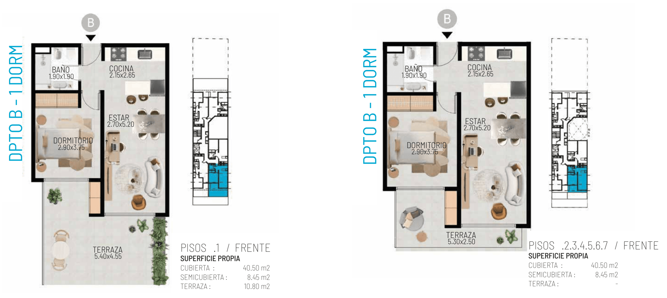 Plano — Dpto B · 1 dorm · Frente (pisos 1 a 7)