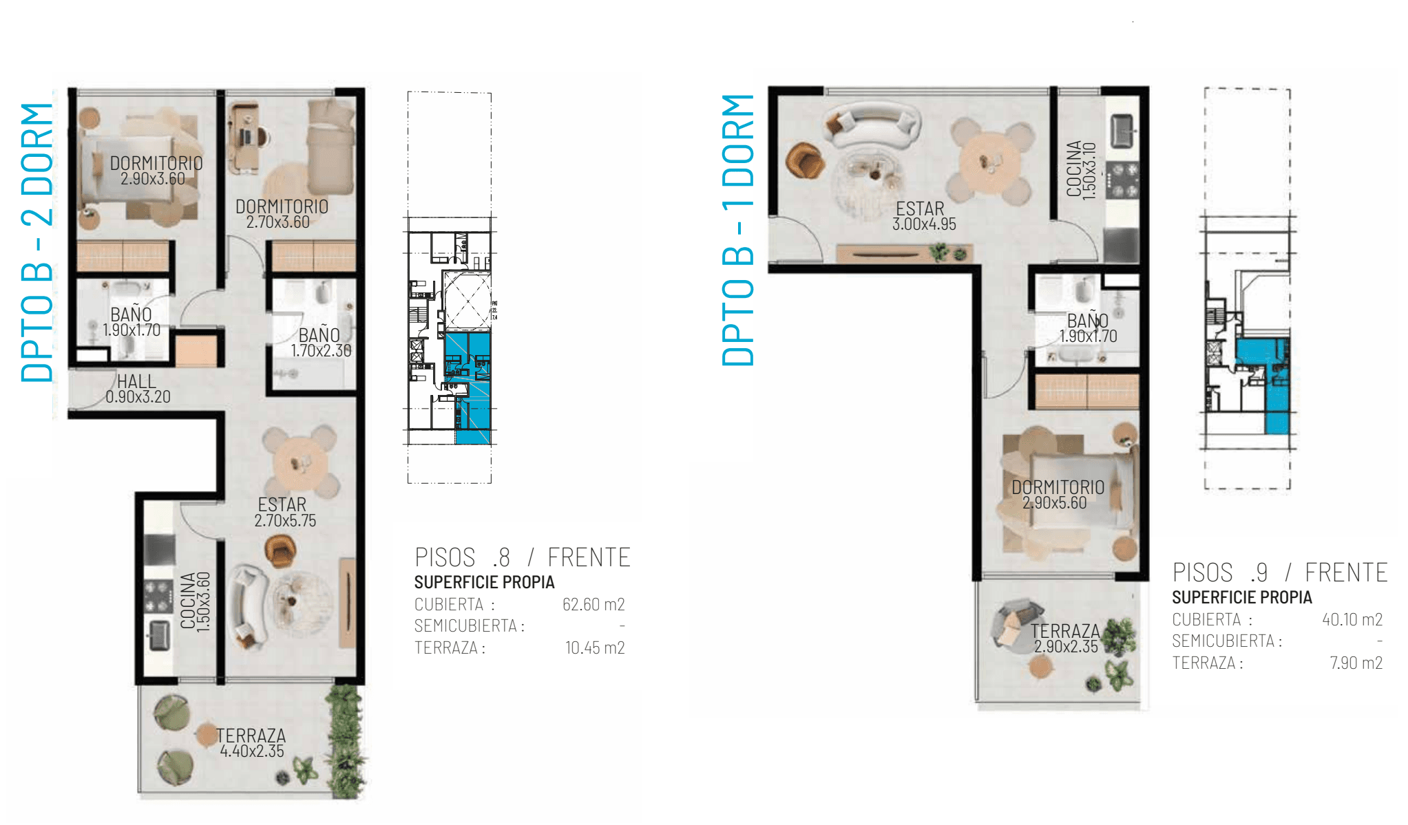 Plano — Dpto B · Frente (pisos 8 y 9)
