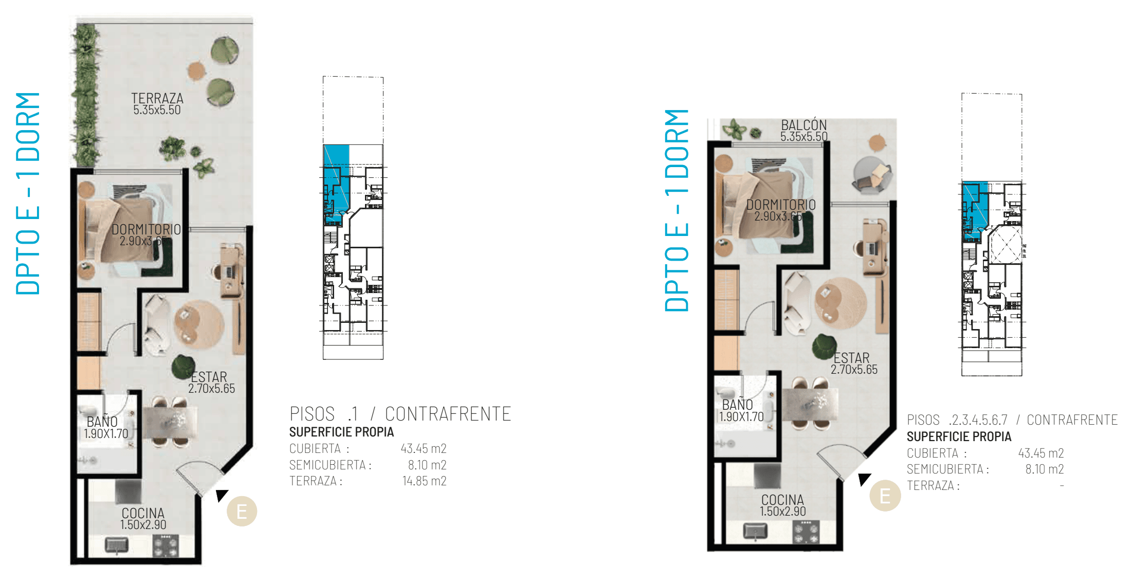 Plano — Dpto E · 1 dorm · Contrafrente