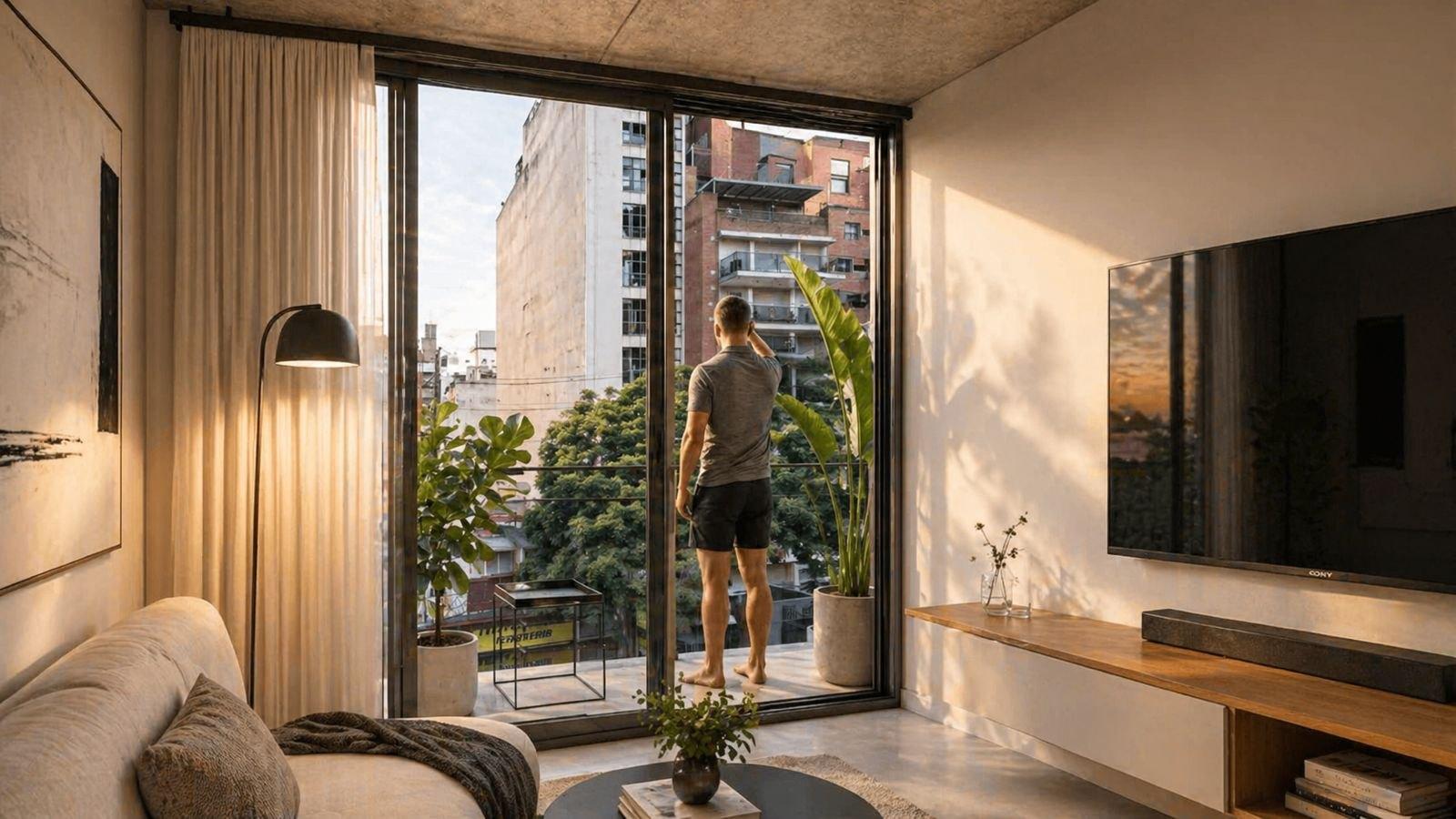 Ambiente de CASA A con salida al balcón — vista a Nueva Córdoba